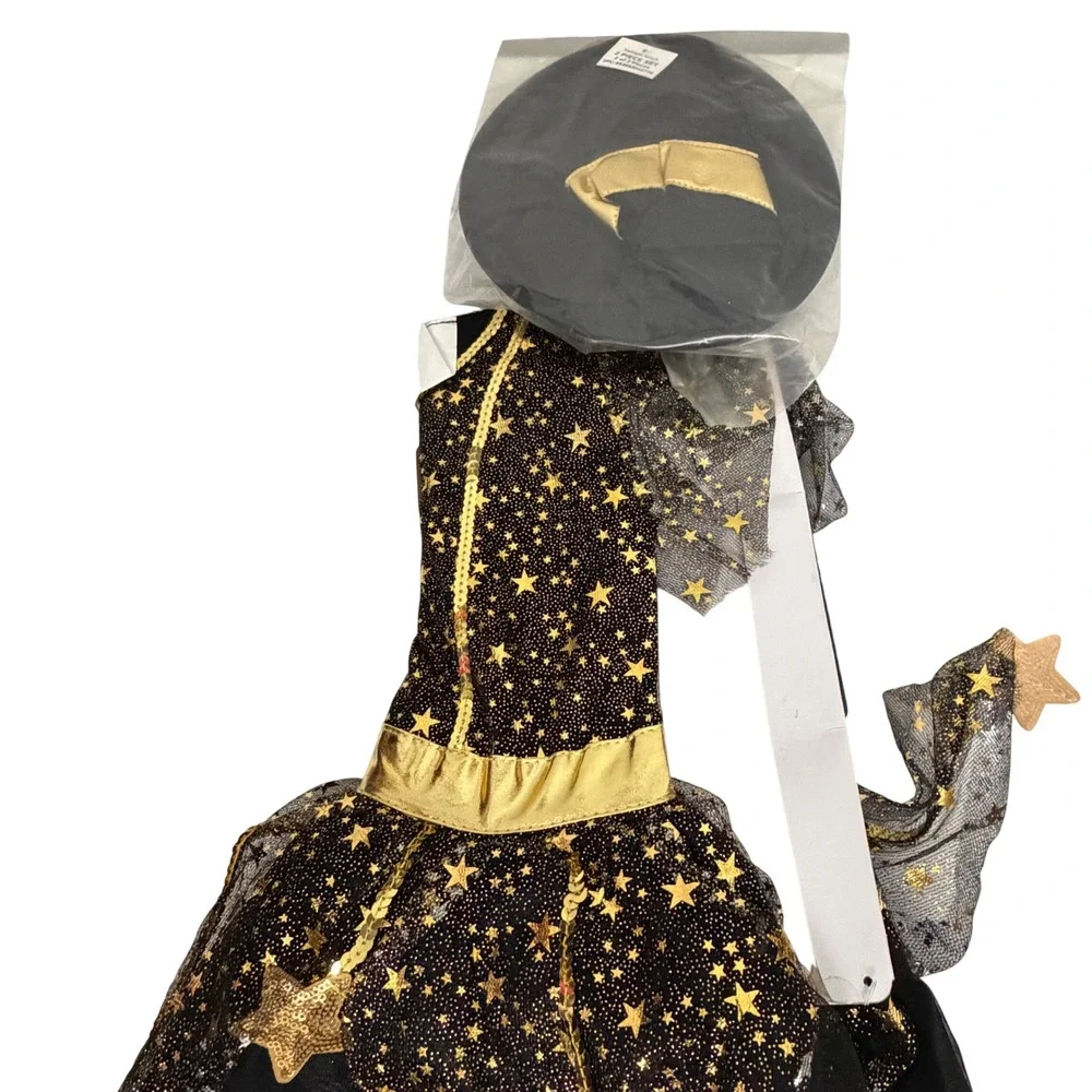 Way to Celebrate Girls Twilight Witch Costume Black Gold Stars Size 6/6X NWT